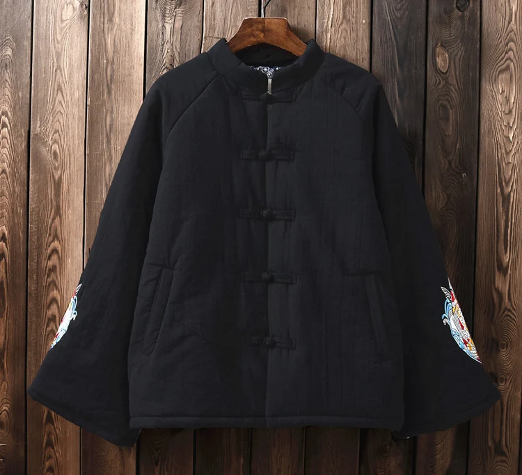 Hisenky традиционное китайское пальто женские зимние хлопковые льняные пуховики Короткие хлопковые топики с мягкими чашечками верхняя одежда с вышивкой парки - Цвет: Black