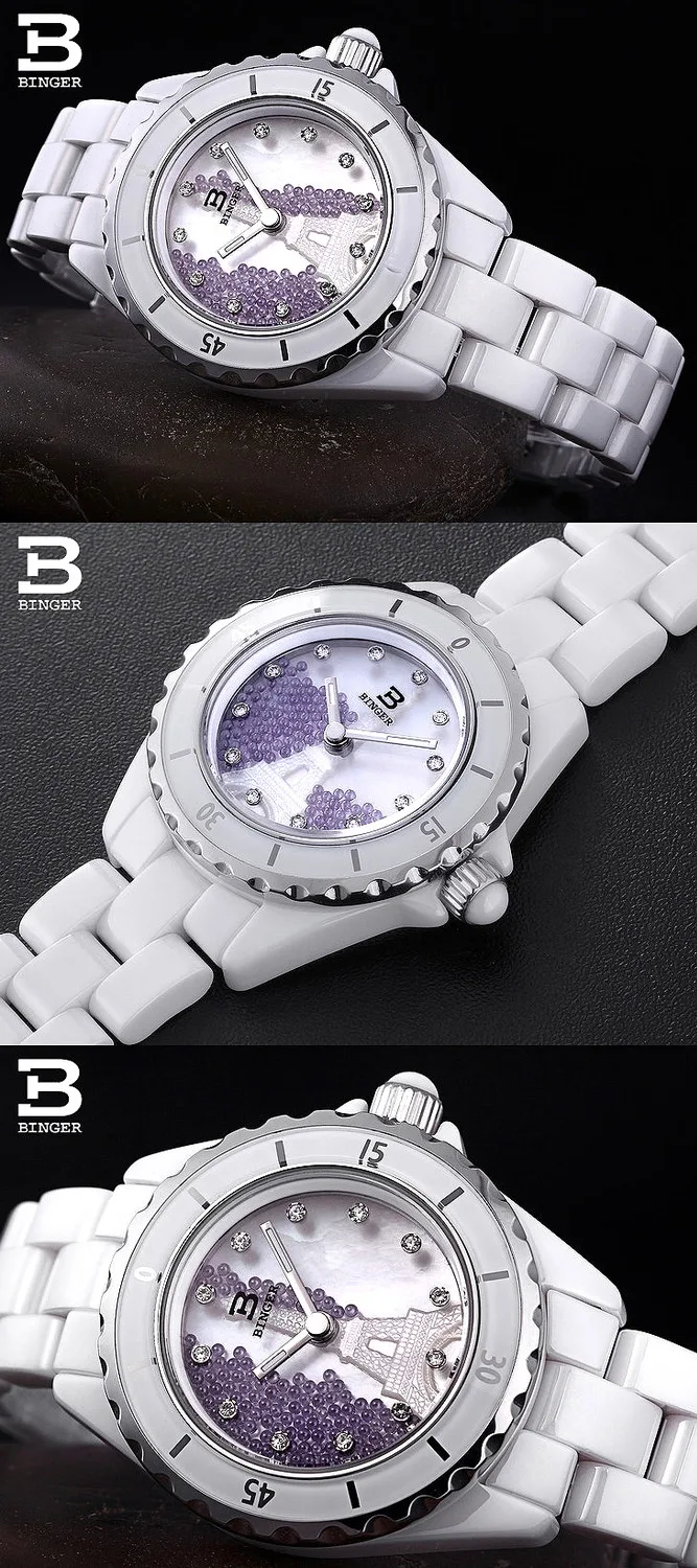 Подлинная Роскошная BINGER женские керамические кварцевые часы модные женские Алмазные Стразы алмазные водонепроницаемые рельефные Эйфелева башня