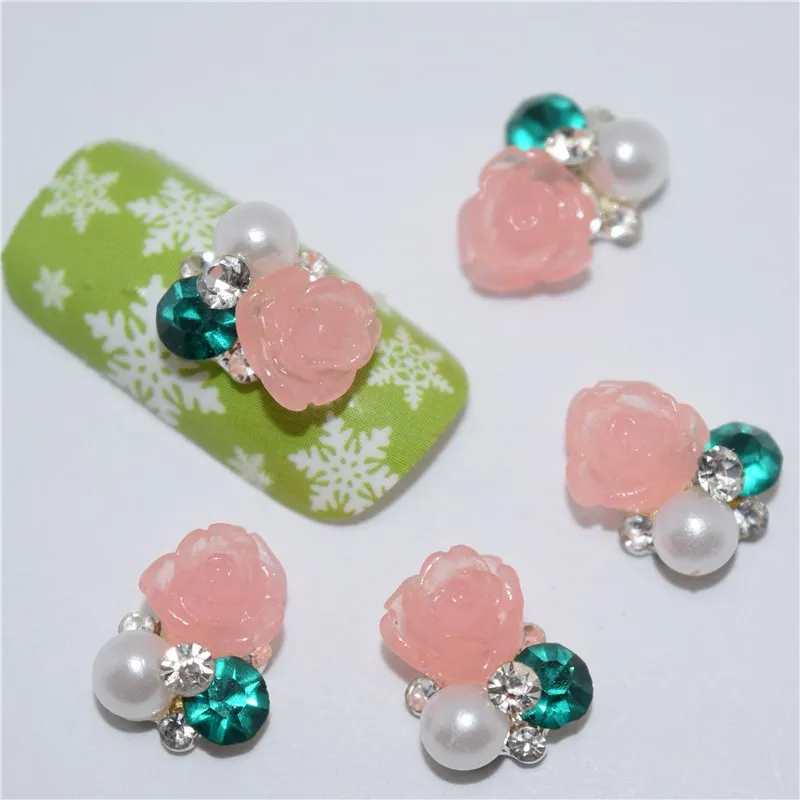 

10Pcs new Green glitter Pink roses, 3D Metal Alloy Nail Art Decoration/Charms/Studs,Nails 3d Jewelry #117