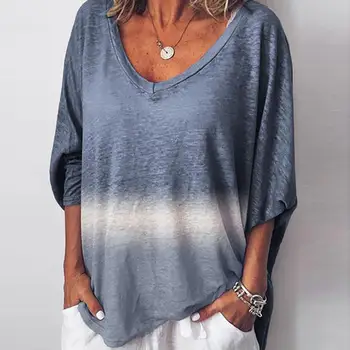 

2019 Plus Size Women Fashion Tie Dyed Casual V-Neck Gradient T-Shirt Tops feminina Summer Ladies Short Sleeve Loose V Neck 3/4 S