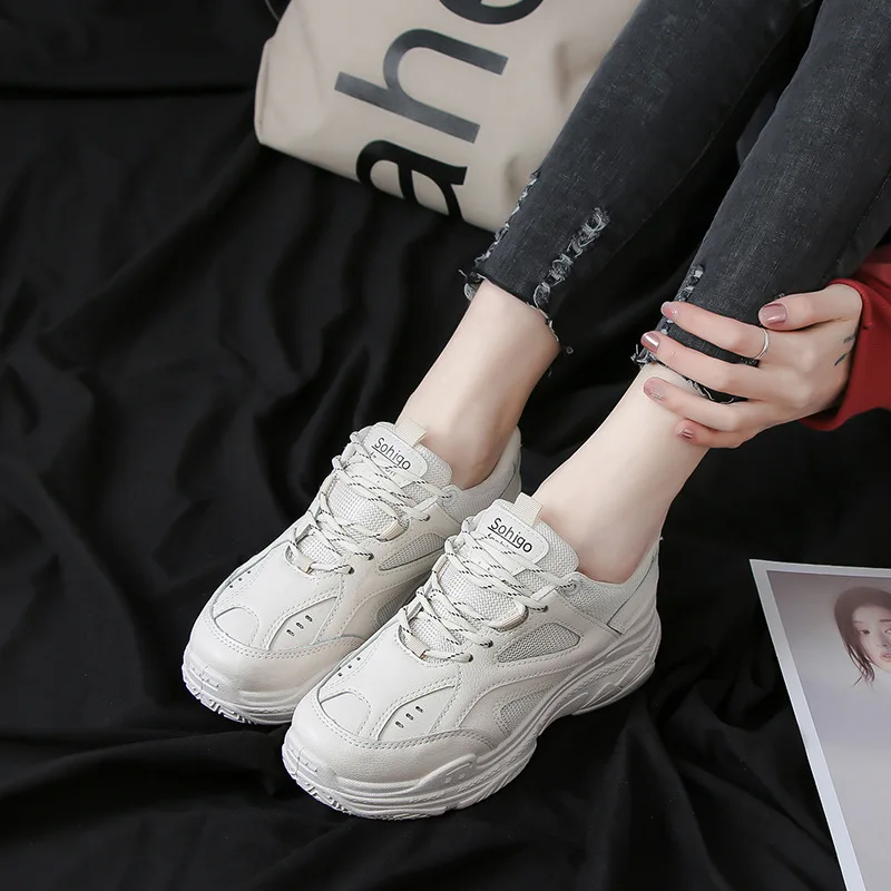 

women Casual Shoes Vulcanize Sneakers Basket Femme 2019 Autumn White Platform Wedge Lace-Up White Breathable female footwear