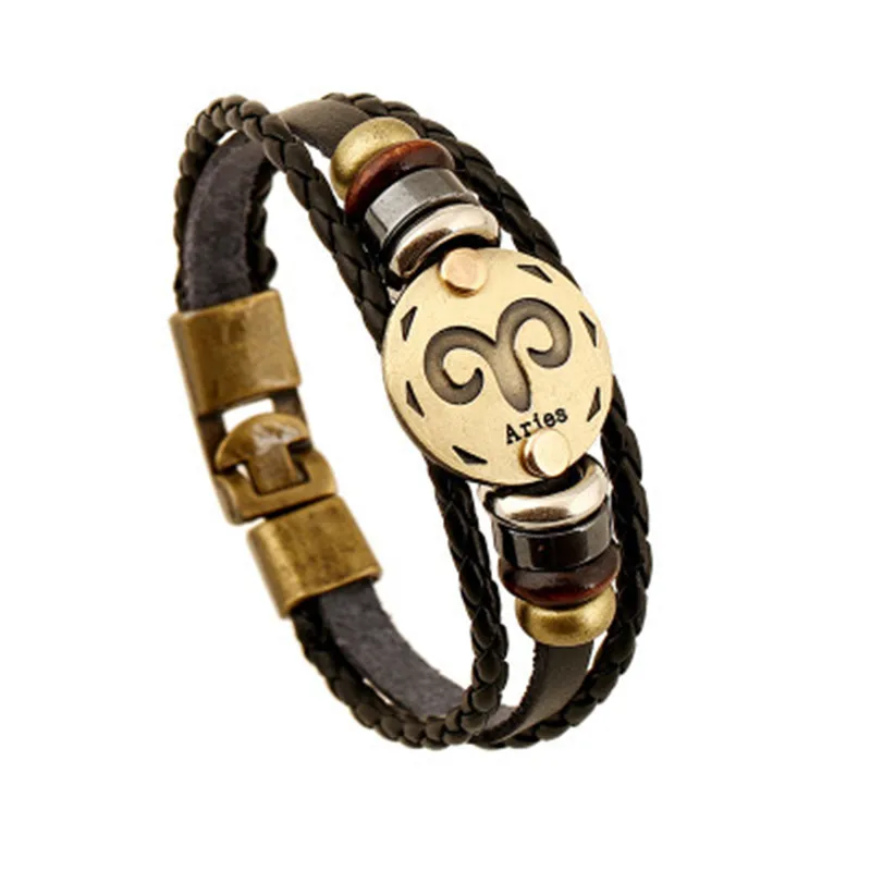 Fashion Bronze Buckles 12 Constellation Aries font b Bracelet b font Punk Leather font b Bracelets