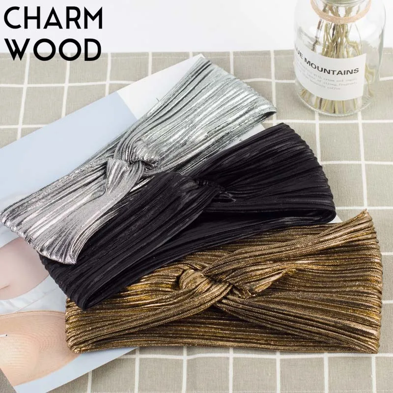 

CHARM WOOD Women's Metallic Color Folded Headband Summer Breathable Elastic Spa Headbands for Girls Mesh Hair Band Accessory