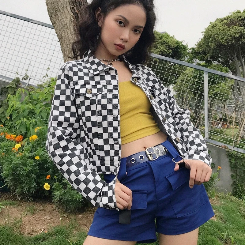 

Streetwear Jacket Women Loose Long Sleeve White Black Checkerboard Plaid Short Jacket Coat