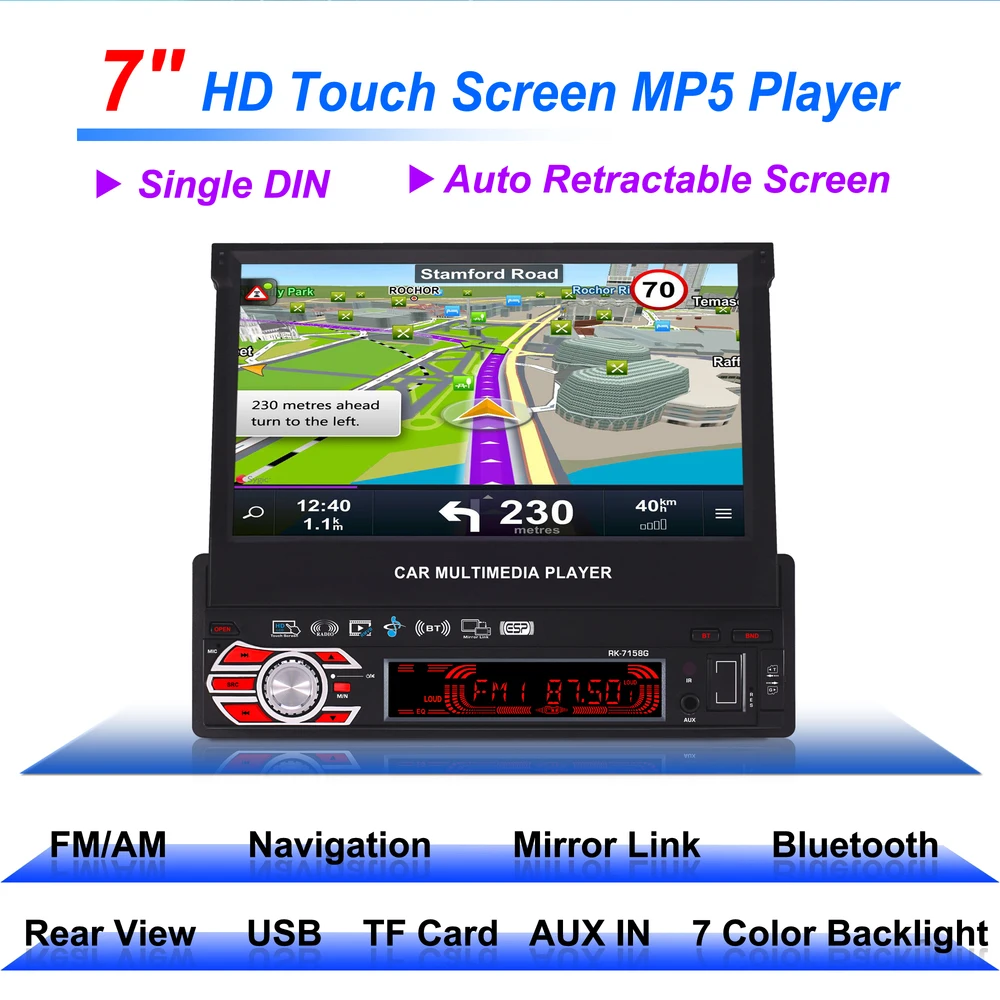 7158G Single Din 7inch Car GPS Navigation with Map 1Din Multimedia MP5 Player 7 colors font