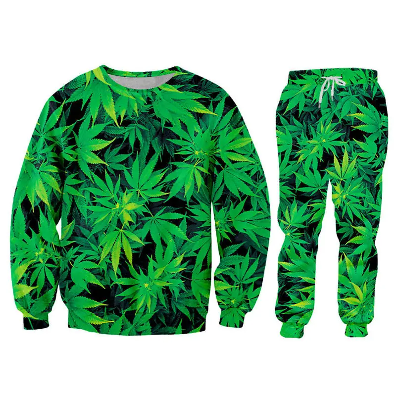 Fashion Men Women Joggers Tracksuit Set Harajuku 3d Green Leaf Weed ...