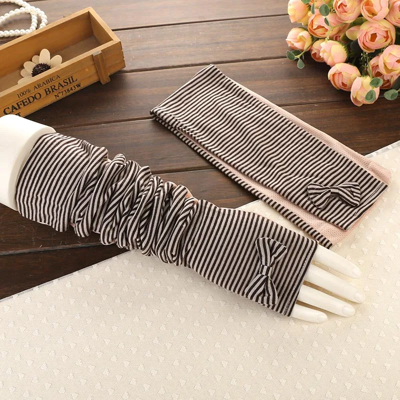 Winter Warm Long Gloves Women Striped Cotton Arm Sleeve Half Finger Sun Protection Mittens Hand Cuff Travel Driving Gloves (7)