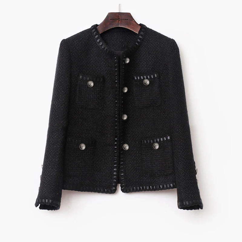 Черная твидовая Женская куртка весна/осень/зима шерстяное пальто новая шерстяная классическая женская куртка
