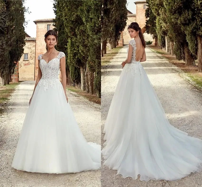 

New Arrival A Line Wedding Dresses 2021 Sexy Low Back Cap Sleeves Appliqued Long Tulle Bridal Country Garden Wedding Gowns