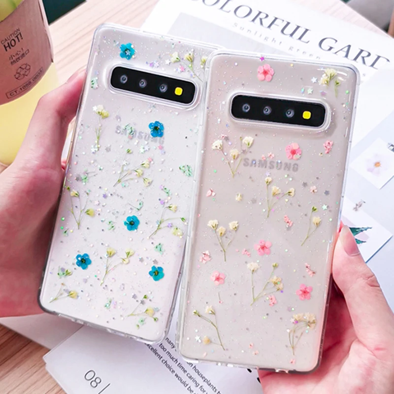 

Transparent Shining Glitter Dried Flower Phone Case For Samsung Galaxy S10 S9 Plus Fashion Real Flowers Back Cover For Galaxy S9