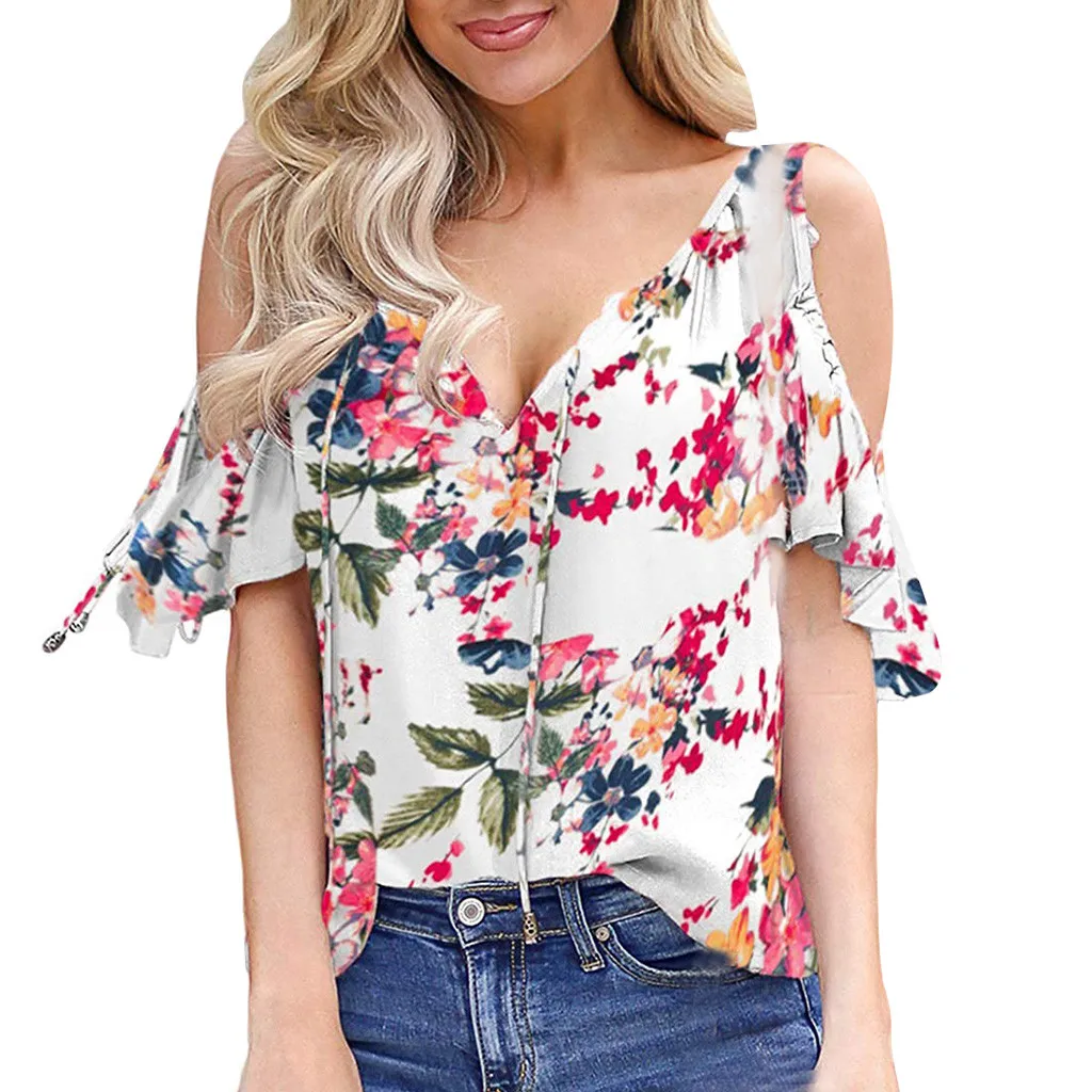 

FREE OSTRICH Women Shirts Short Sleeve Off Shoulder Floral Print V-Neck Flower Fashion Elegant Elegant Summer Blouse Shirts
