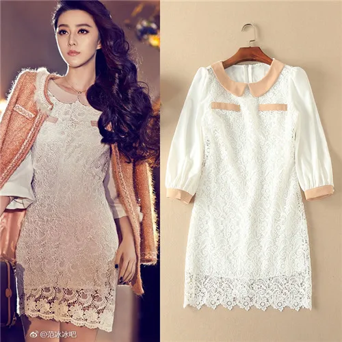 fan binbin brand dresses woman luxury 2017 sprint summer three quarter sleeve white hollow cut lace white dress peter pan collar