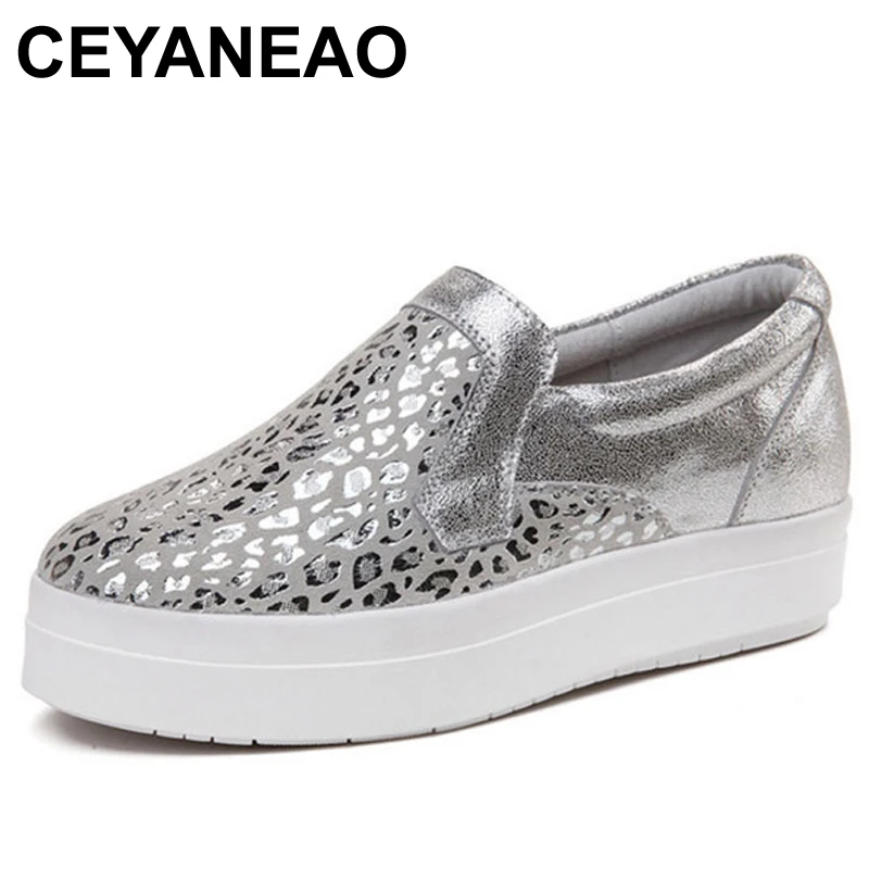 

CEYANEAO2018 Women Sneakers Platform Flats Loafers Shoes Bling Leopard Leather Slip on Casual White Sole Ladies ShoesE853