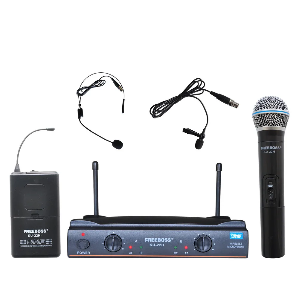 Prix pour Freeboss ku-22h uhf double canal mic émetteur professionnel karaoké sans fil casque + revers + de poche microphone Prix pour Freeboss ku-22h uhf double canal mic émetteur professionnel karaoké sans fil casque + revers + de poche microphone