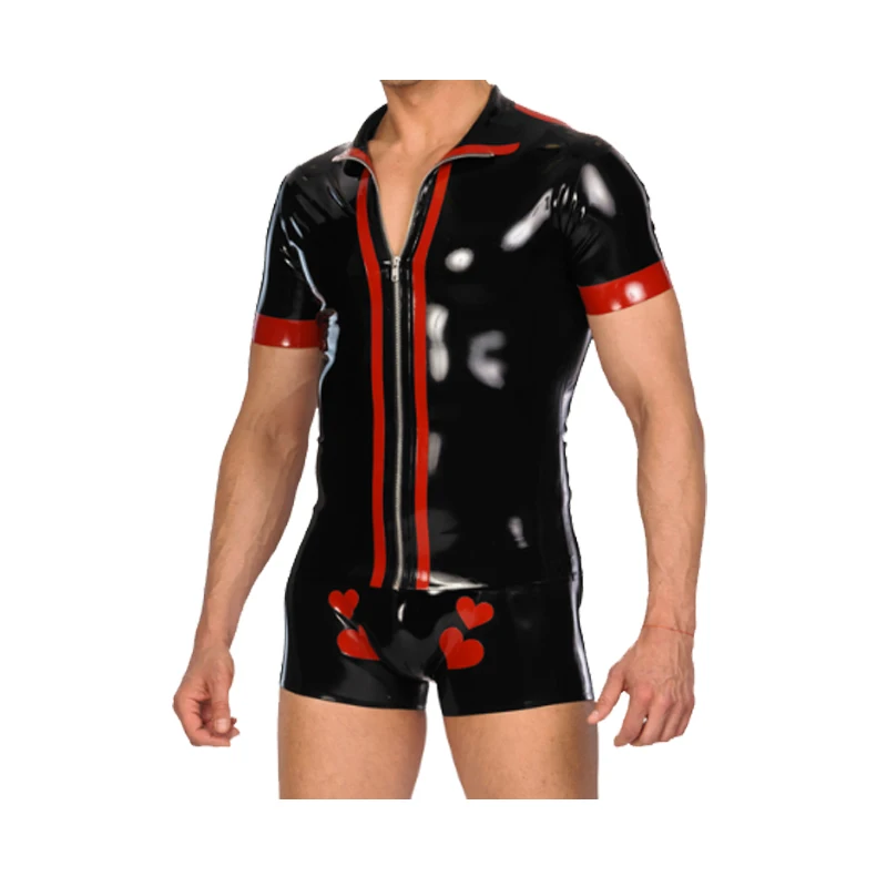 

Latex Men Red and Black Short Slevees Top With Zipper and Boxer Shorts Suit Size XXS-XXL