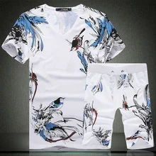В китайском стиле, Изысканная футболка с принтом птиц и шорты, костюм Лето, новые высококачественные хлопковые мужские короткие комплекты M-5XL