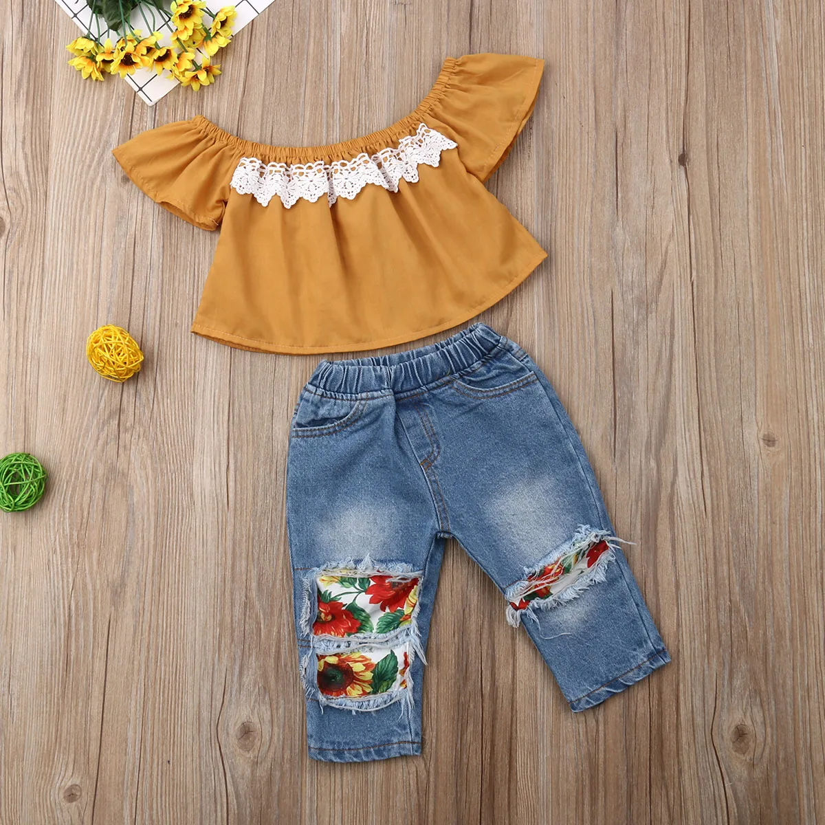 

2019 Fashion 2PCS Baby Girl Set Kid Clothes Outfits T-shirt Top Plus Ripped Printed Denim Jeans Pants