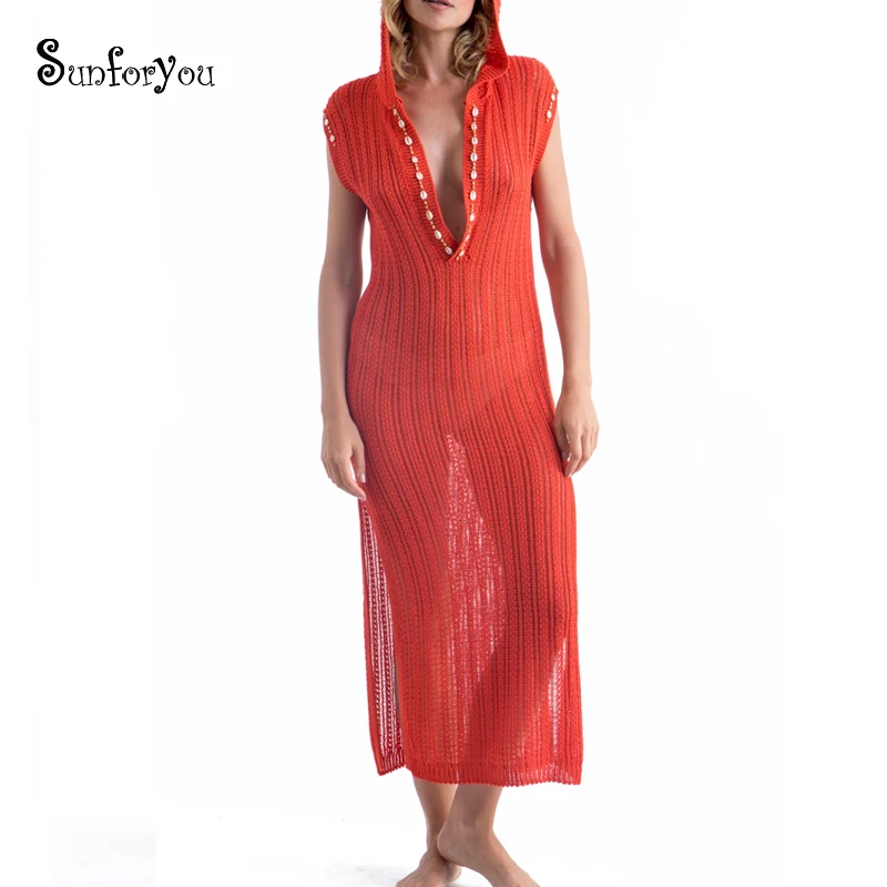 

Hand Made Shell Long Beach Cover up Hoodie Knitted Beach Dress Robe de Plage Vestido Playa Crochet Cover up Beach Pareo Sarong