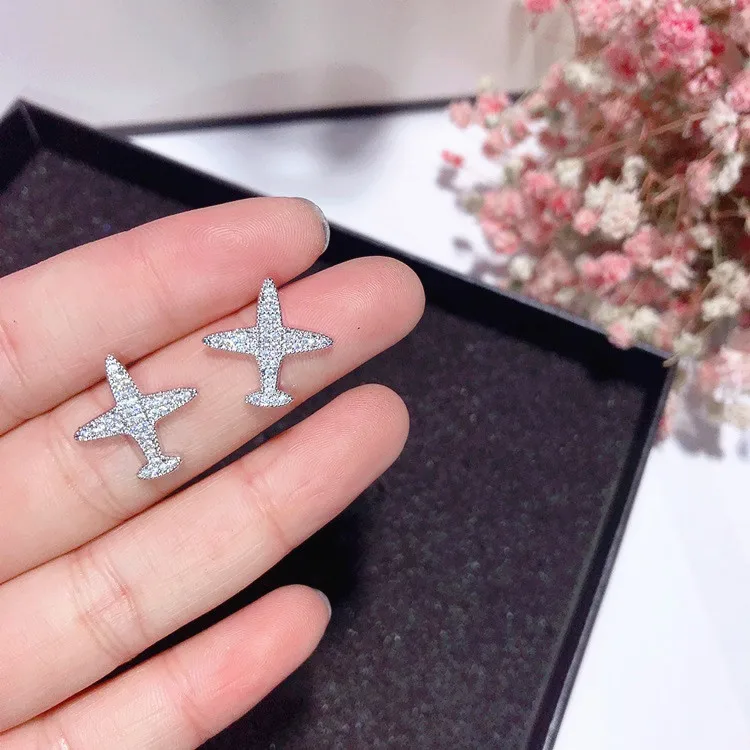plane full cz earrings 925 silver stud Hypoallergenic fadeless alloy fashion jewelry stud earrings for women gift