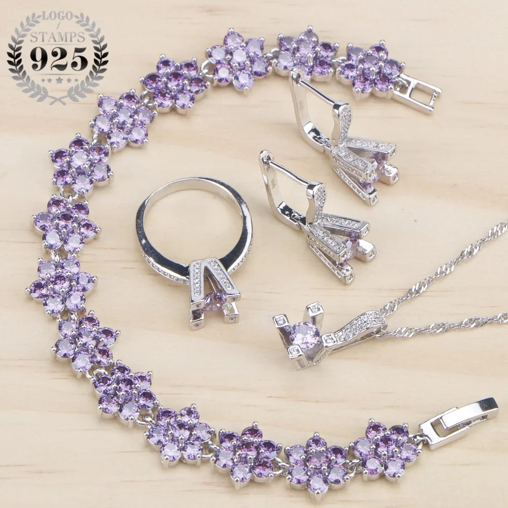 

Purple Cubic Zirconia Costume Bridal Jewelry Sets Women Wedding Jewelry Rings Bracelet Necklace Earrings Stone Set Gift Box
