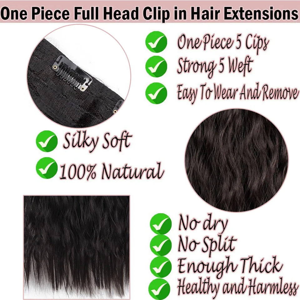 Vigorous 22 Inch Water Wave Synthetic Clip-in One Piece Black Synthetic Natural Hair Extension Heat Resistant