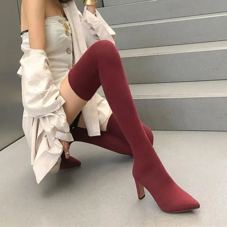 

Runway Stretch Fabric Sock Boots Women Pointed Toe Slip On Thigh High Boots Women Middle Square Heels Zapatos De Mujer Designers