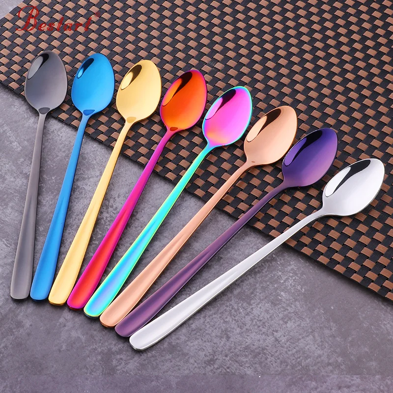 Koop 8 PCS Rainbow Lange Steel 304 Roestvrij Staal Koffie Lepel Mengen Lepels set fruit Ijs Dessert Thee Lepels Drinken gereedschap