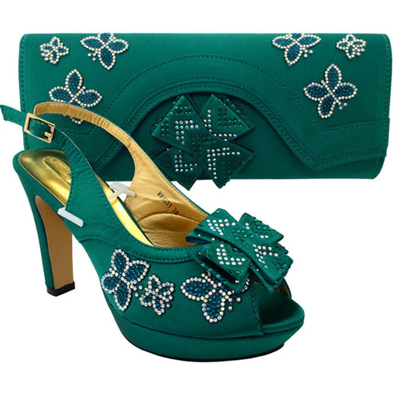 Зеленый комплект из обуви и сумки s для женщин итальянский Дамский украшенный