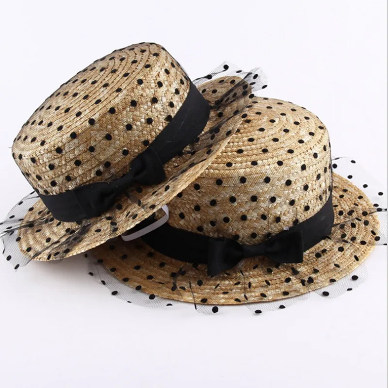 

Summer Fashion Flat Top Sun Hats For Women Dot Bow Lace Yarn Shade Beach Hat Tourism Lady Boater Cap Femme Panama Straw Sun Hat