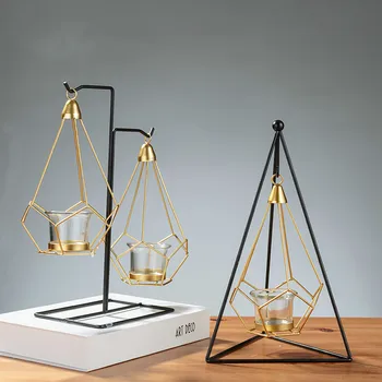 

Nordic Style Gold Geometric Candle Metal Tealight Handing Rack Candlestick Stand Holder Iron Decoration Table Ornament Props