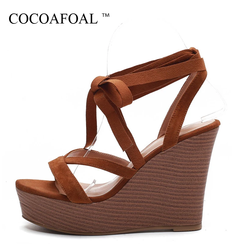 

COCOAFOAL Women Wedge Sandals Cow Leather Lace Up Fashion Sexy Heel Height Shoes Black Brown Genuine Leather Gladiator Sandals