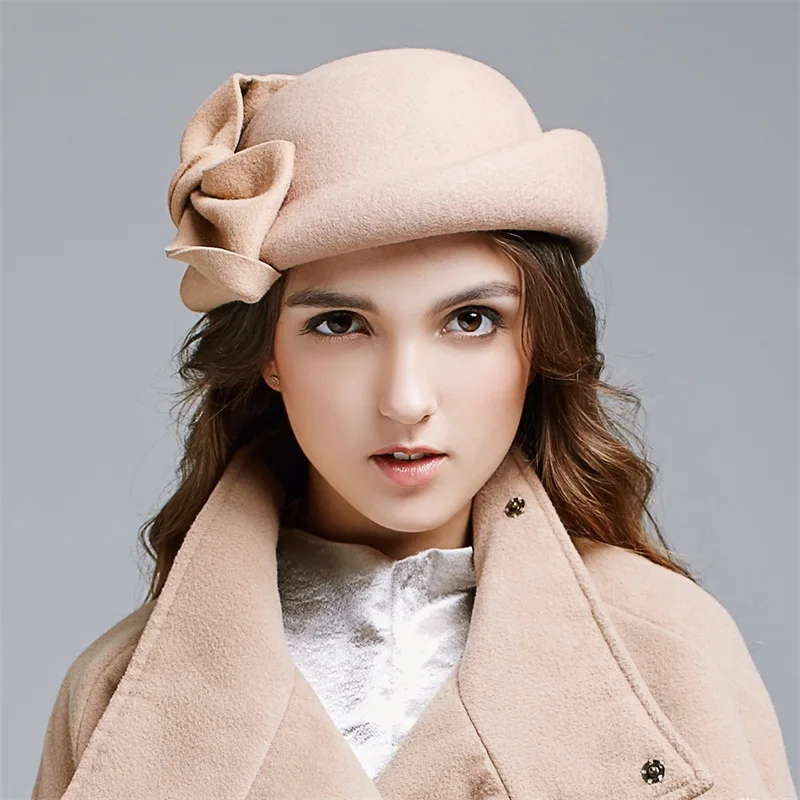 Новое поступление, скорее всего, модные британская шляпка осень-зима береты шерсть Для женщин шапки желтовато-коричневый D285