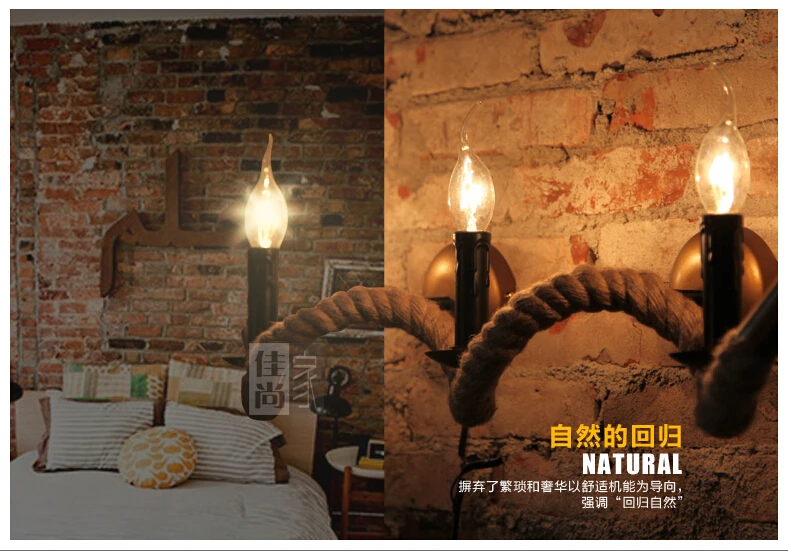 American country retro creative cafe/living room/bedroom Hemp rope wall lamp