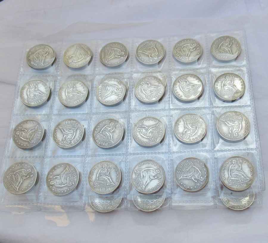 

SEATED LIBERTY QUARTER DOLLARS 104PCS (1840-1891) Different Dates and Mintmarks USA 25 Cents Silver Plated Coins COPY
