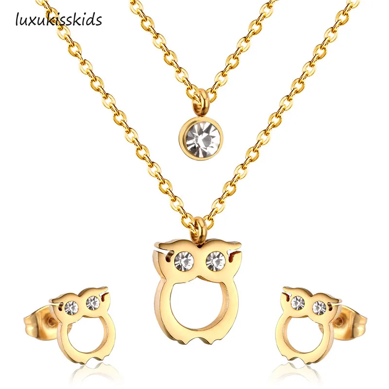 

LUXUKISSKIDS 316L Stainless Steel Owl Pendant Necklace Small Stud Earrings Jewelry Set Gold Wedding Zircon Jewelry SetsFor Women