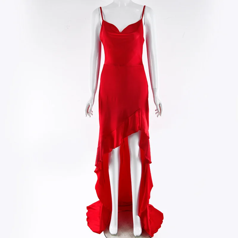 COSYGAL, однотонное, сексуальное, зимнее, сатиновое платье, для женщин, на тонких бретелях, рождественское платье, с оборками, с высоким разрезом, Платья для вечеринок, элегантное, Vestidos - Цвет: Red