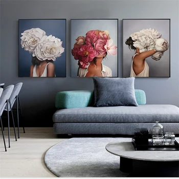 

Nordic Style Beauty Flower Girl Canvas Painting Postmodern Poster And Print For Living Room Girls Fashion Home Decor HD Wall Art
