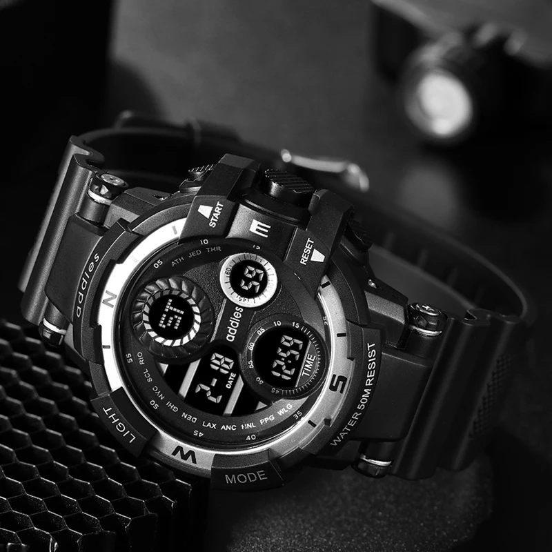 Мужские спортивные военные цифровые часы с большим циферблатом 50 м, водонепроницаемые светодиодный часы с подсветкой
