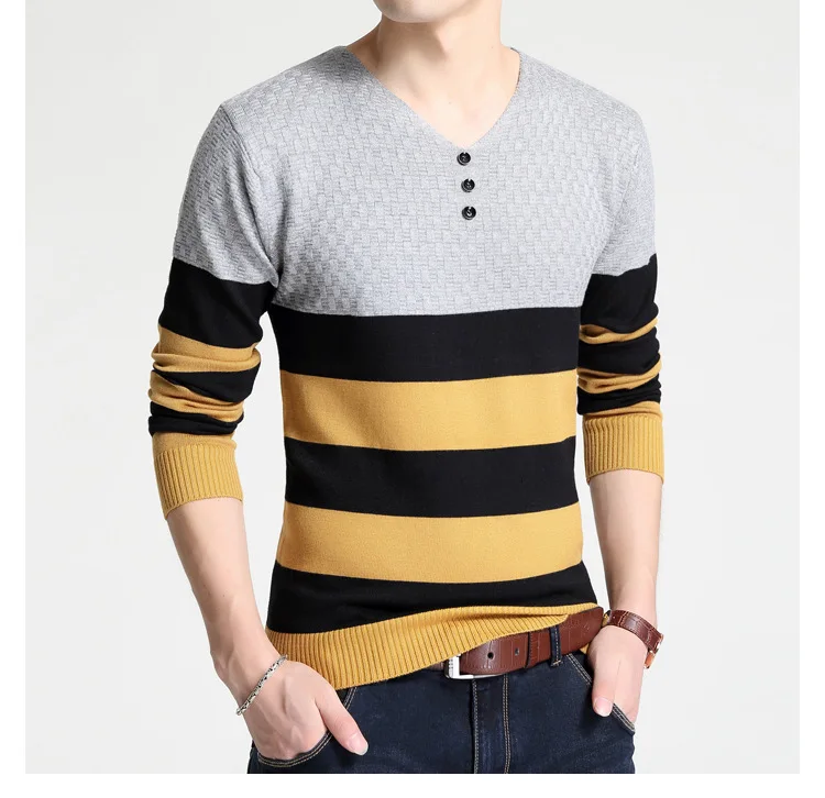 Осенне-зимние теплые шерстяные свитера Повседневная Популярная цветная полоска пуловер с v-образным вырезом мужской брендовый тонкий хлопковый свитер 4XL