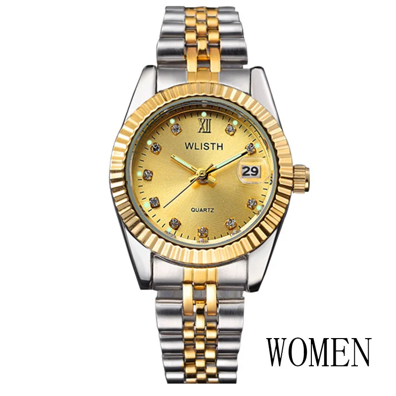 Парные часы wlith, Топ бренд, роскошные часы для мужчин и женщин, кварцевые часы, Авто Дата, модные повседневные часы для влюбленных, нержавеющая сталь, Relogio - Цвет: women two tone gold