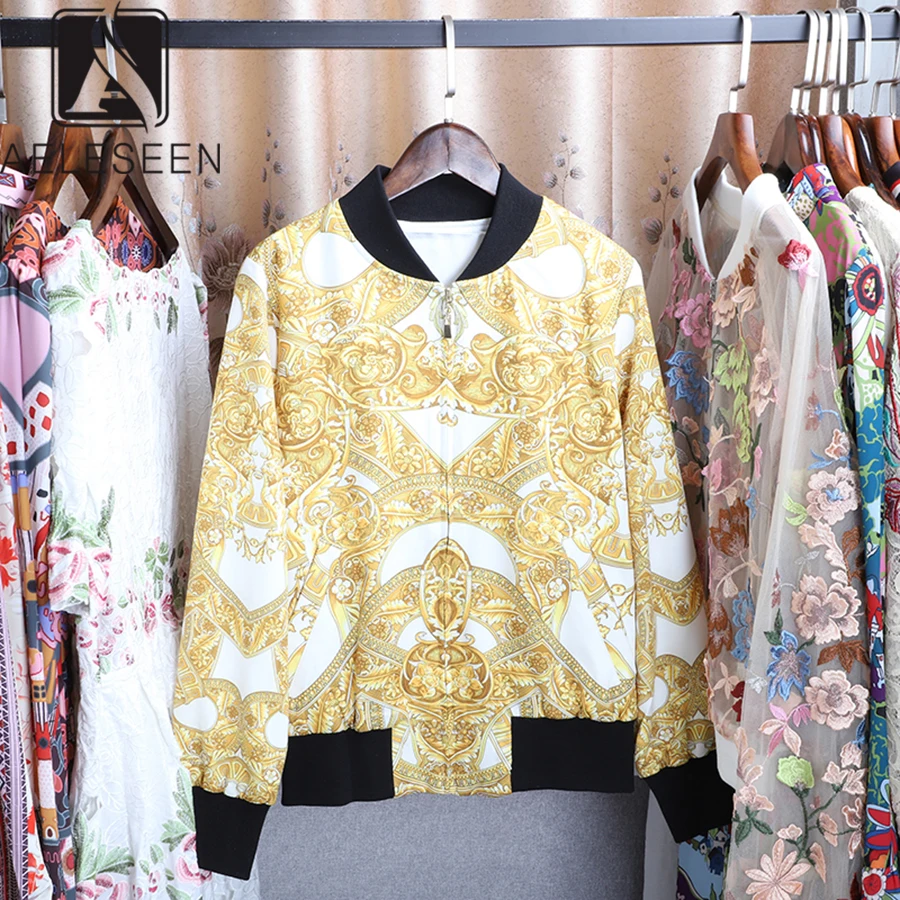 

AELESEEN 2019 Autumn Hot Selling Jacket Women High Street Golden Floral Print Stand Collar Lantern Sleeve Zipper Top On Sale