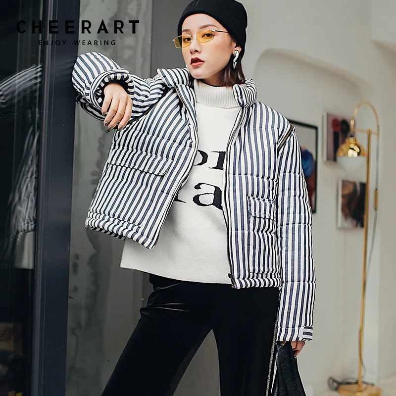 

Cheerart Winter Jacket Women Parka Blue And White Striped Coat Padded Down Jackets Parka Femme Short Coat 2018 Clothing