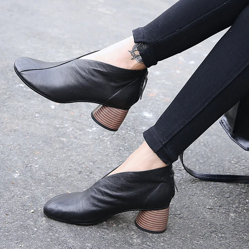 Women Boots Shallow Solid Women Genuine Leather Shoes Soft Square Toe High Heel Thick Ankle Boots