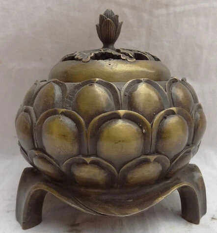 

free shipping Chinese Pure Bronze Flower Lotus Statue Tibetan Buddhist Incense Burner Censer