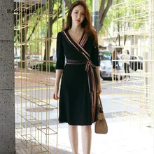 Плюс размер ТРАПЕЦИЕВИДНОЕ ПЛАТЬЕ летнее женское черное Полосатая Короткий рукав v-образный вырез до колена повседневное офисное дамское платье винтажные корейские платья