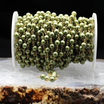 

New Arrival!Frosted Green Pearl Shell Chains,Round Beads Jewelry with Wire Wrapped Golden Plated Rosary Links Bracelet Necklace