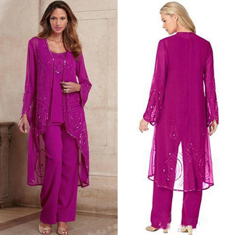 

Sparkling Mother of The Bride or Groom Dresses Pant Suit with Long Jacket Three Pieces Fuchsia Black Chiffon vestido de madrinha