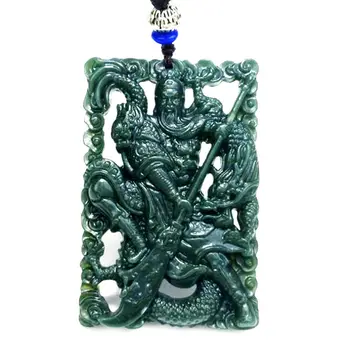 

Natural Dark Green Jade Hand Carved Dragon/Guan Yu hollow Pendant Necklace Chinese Justice General Guan Gong Amulet