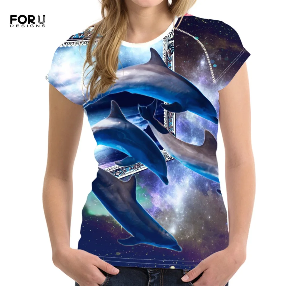 

FORUDESIGNS Summer T-shirt Women Dolphin Print Tees Short Sleeve Shirts Fashion Women's 2019 New O-Neck White Top Female Clothes