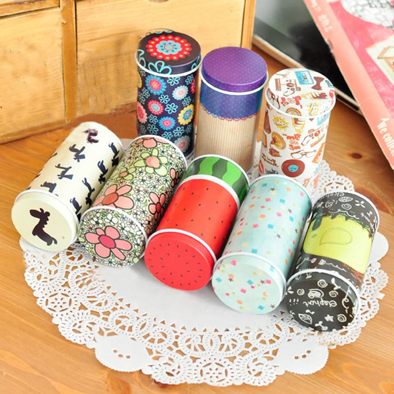 

1Pc Mini Cute Kawaii Cylinder Small Iron Roll Tea Storage Box Tin Case Memo Pad Note Cartoon Home Organizer Useful